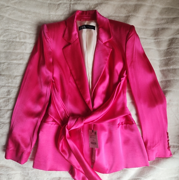Zara satin effect blazer front tie sz M fuschia/pink BNWT - Picture 3 of 7
